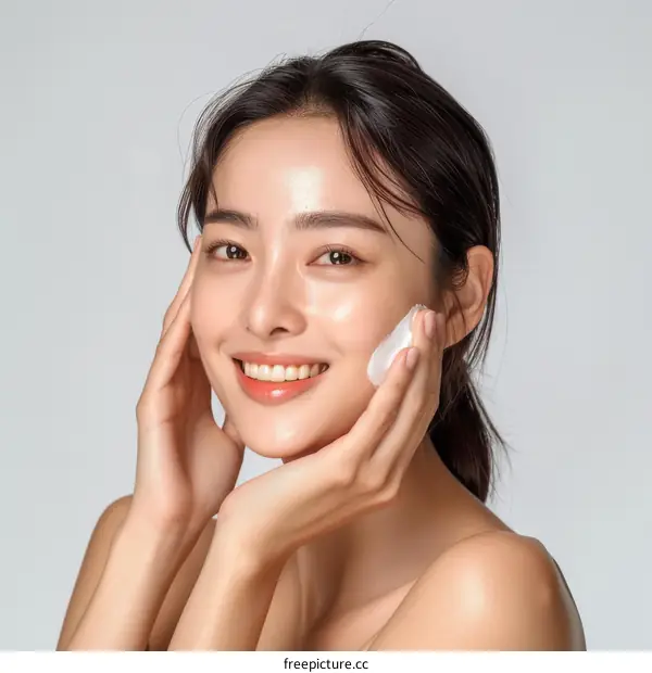 Asian woman applying moisturizer cream on her face