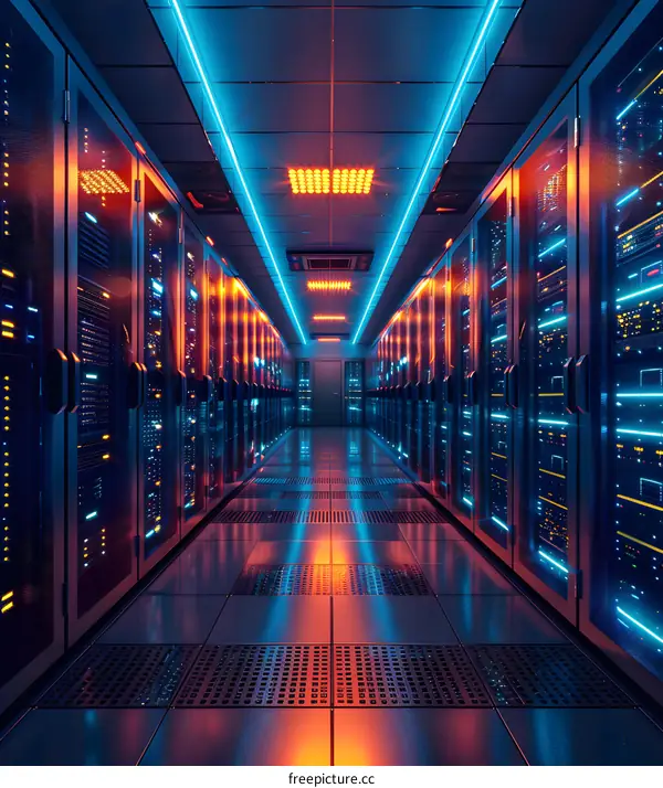 Server Room with Blue and Orange Lights
