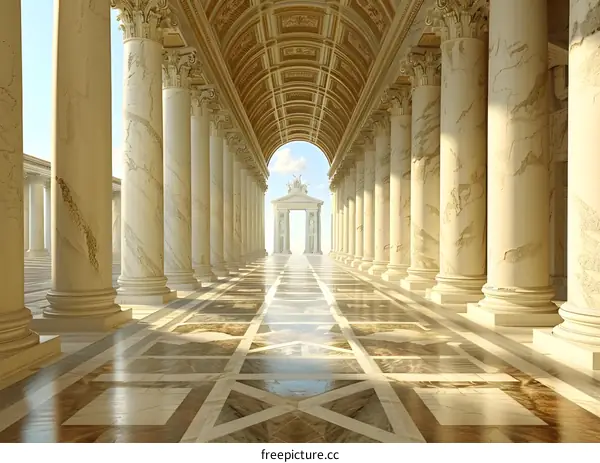 White Marble Columns Leading To A Golden Ceiling