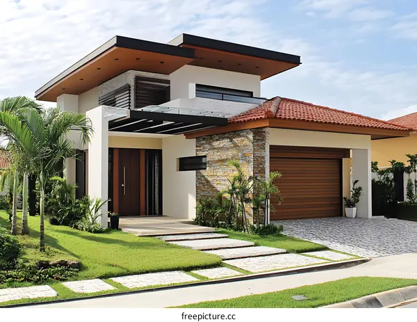 Modern Home with Palm Trees and Brick Walkway