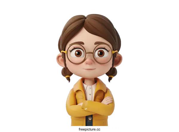 [Transparent Background PNG]A 3D illustration of a girl with brown hair and brown eyes wearing a yellow jacket and glasses