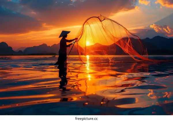 Fisherman in a Conical Hat at Sunset