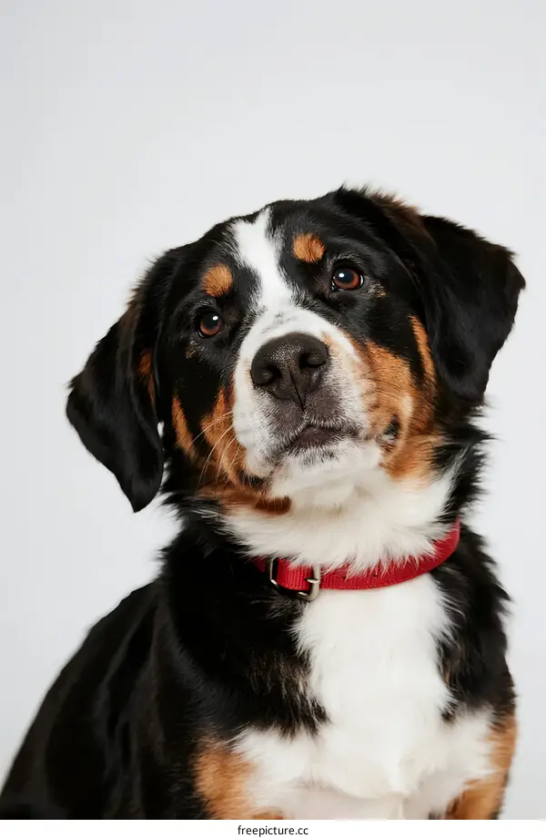 A close-up portrait of a Bernese Mountain Dog with a red collar