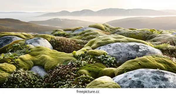 Mountain Landscape with Lush Green Moss and Rocks