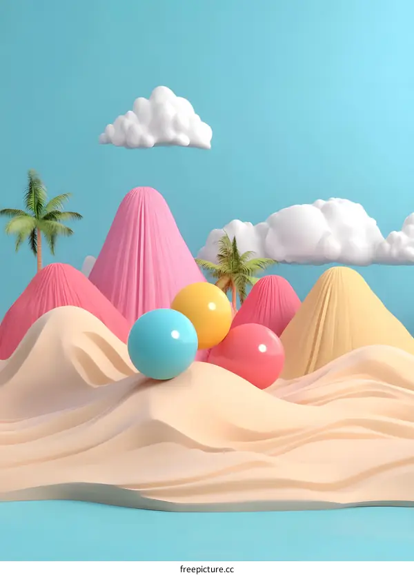 Colorful 3D Abstract Render with  Mountains, Palm Trees, Clouds and Spheres