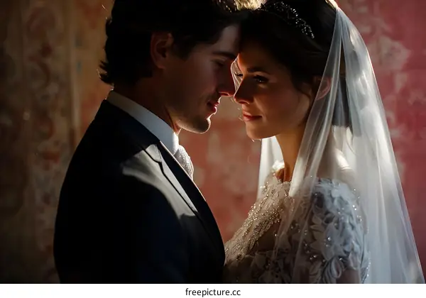 A groom and bride share a tender moment on their wedding day.