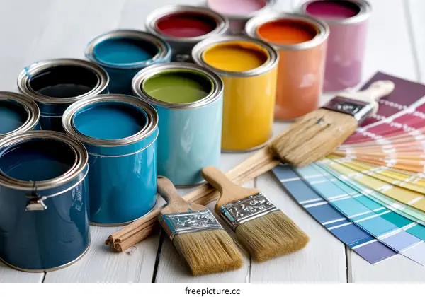 Colorful Paint Cans and Color Swatches for Home Improvement