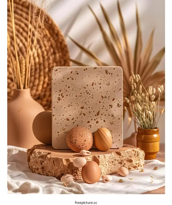 Terrazzo Tile Background with Eggs and Dried Flowers