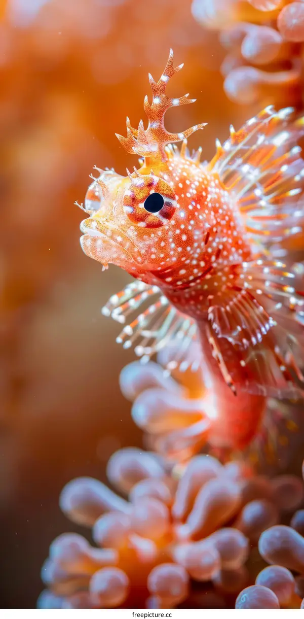 A tiny red fish with white spots and a large eye