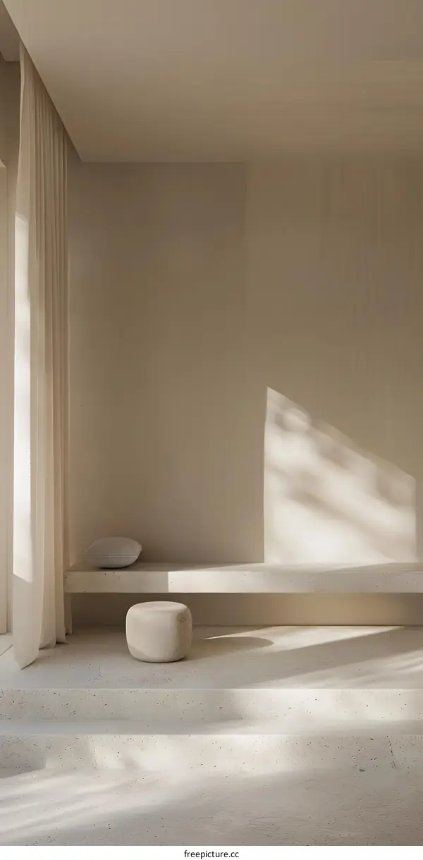 Minimalist Interior Design with Stone Stool and Sunlight