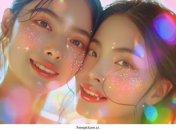 Two Asian young women with shiny glitter on their faces are close together and smiling at the camera.