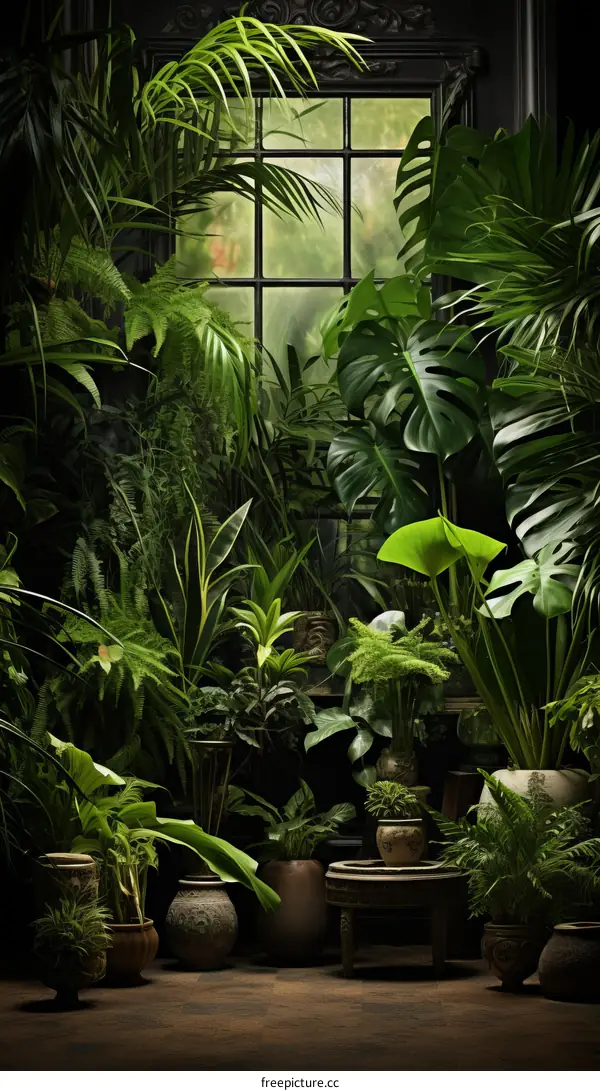 Indoor Garden with Lush Tropical Plants