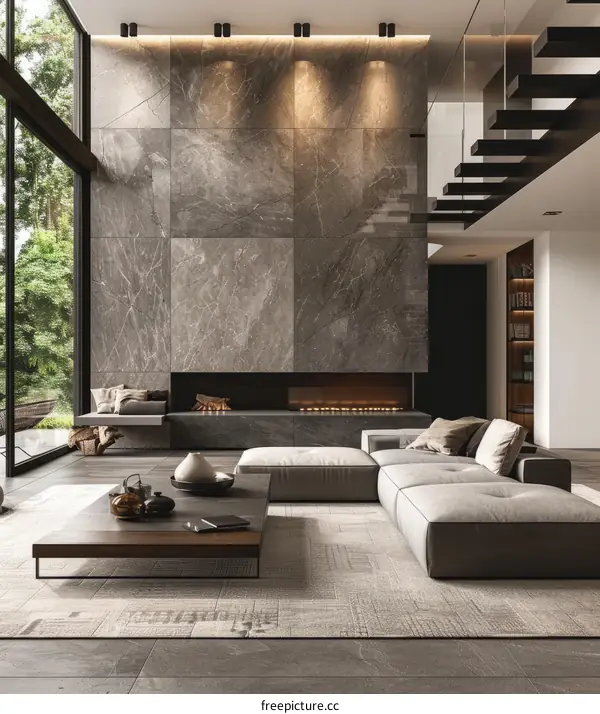 Modern minimalist living room interior design with fireplace and large windows