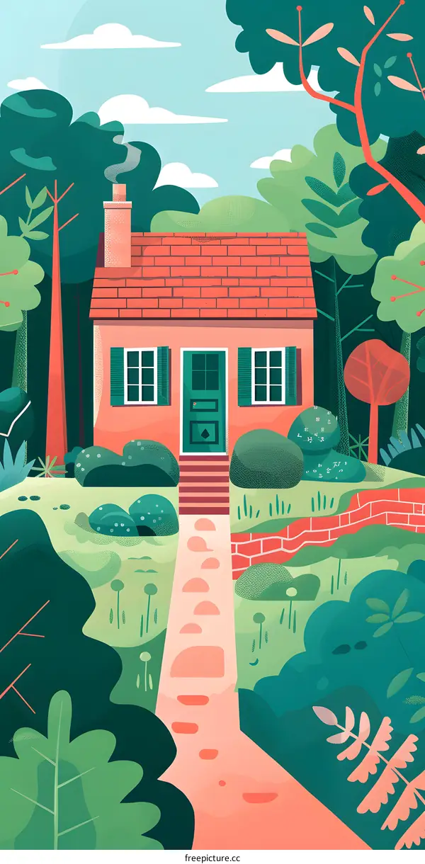 Illustrated House in Green Forest
