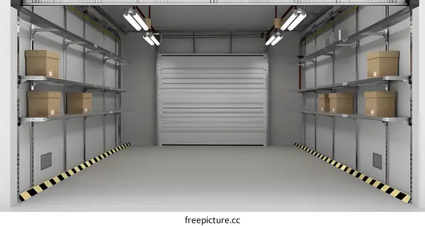 Empty Garage with Metal Shelves and Closed Garage Door