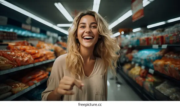 Portrait of a happy young woman grocery shopping