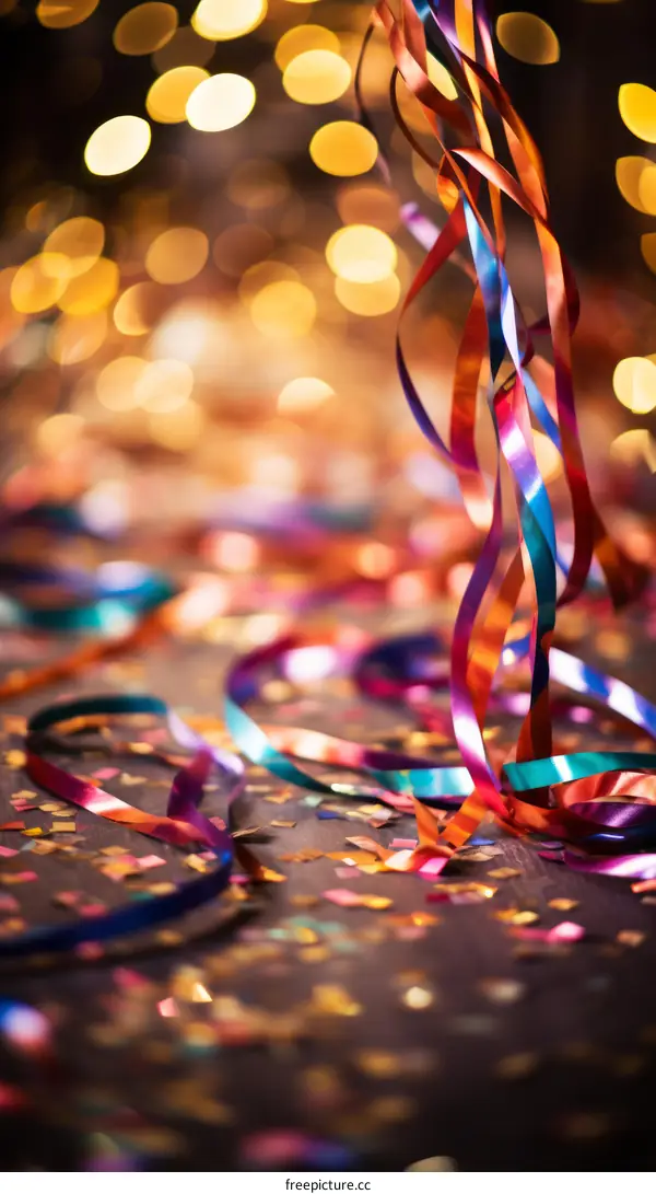 Colorful streamers and confetti on a dark background