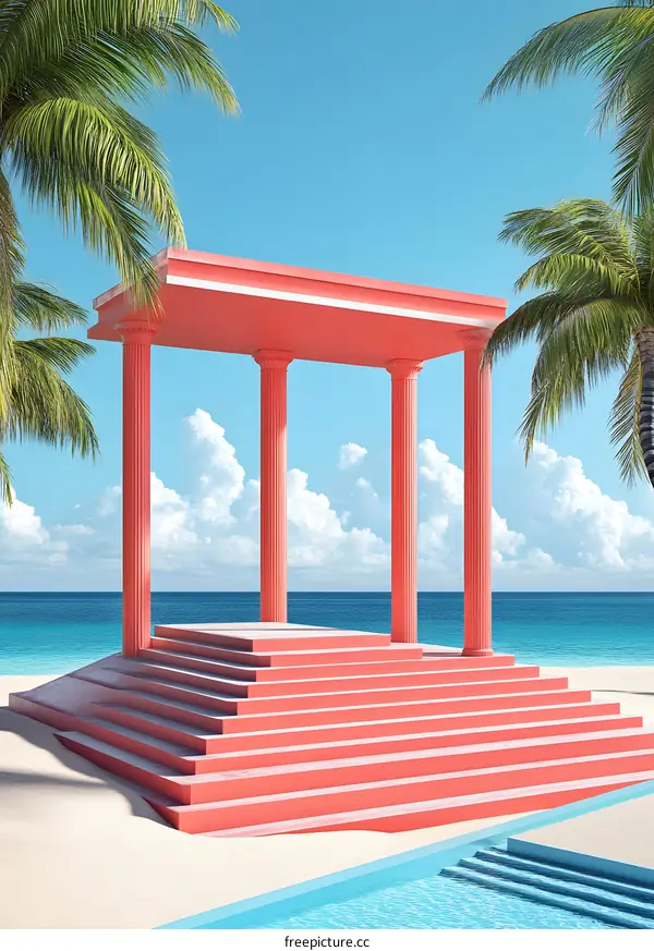 Pink Columns and Stairs on a Tropical Beach