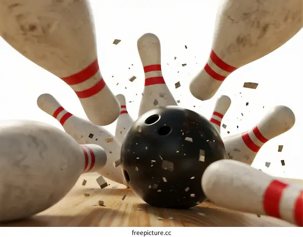 Black bowling ball knocking down multiple white pins with red stripes