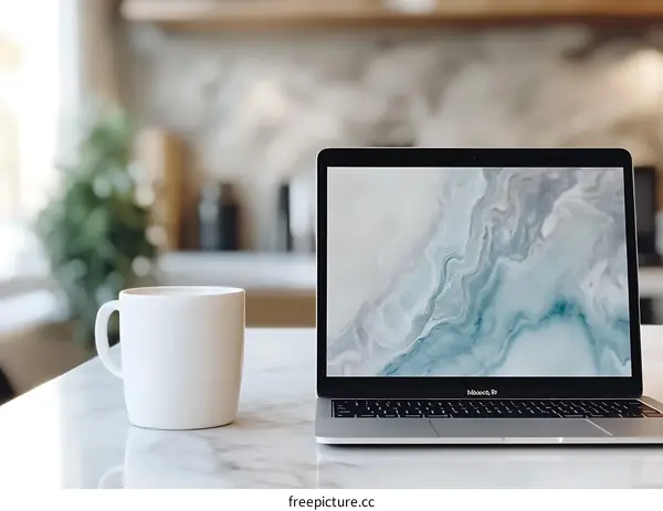 Laptop and Coffee Cup on Marble Table