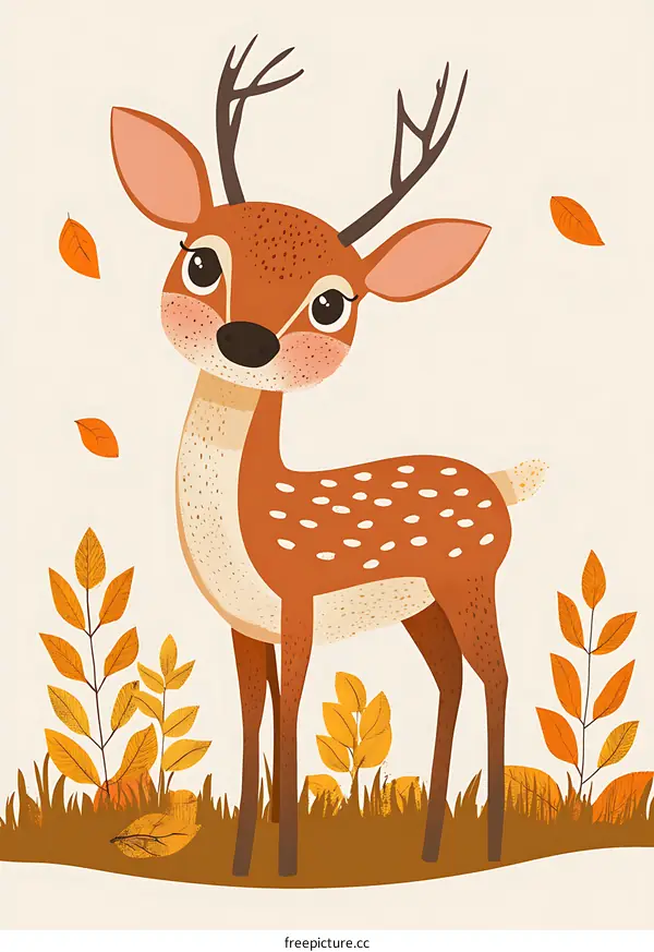 Cute Cartoon Deer with Fall Leaves Illustration