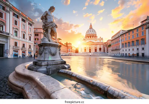 Sunrise View of the Fountain and Basilica in Rome