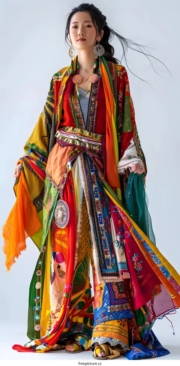 A woman wearing a colorful kimono is standing in front of a white background.