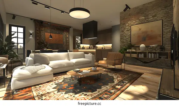 Modern living room with exposed brick wall