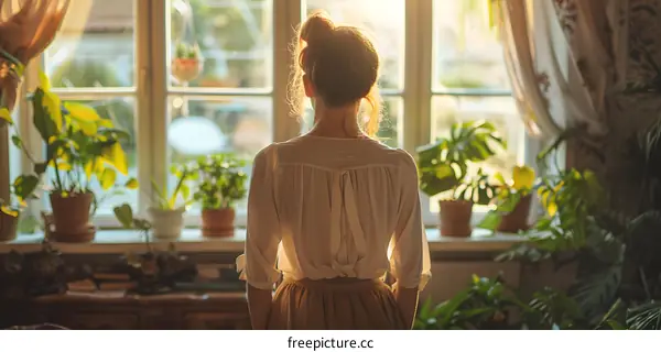Woman Standing by the Window Looking Out at the Garden