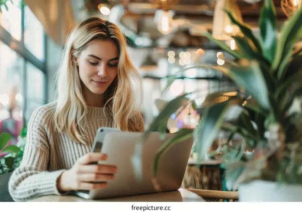 Young blonde woman sitting in a cafe using a laptop and holding a phone