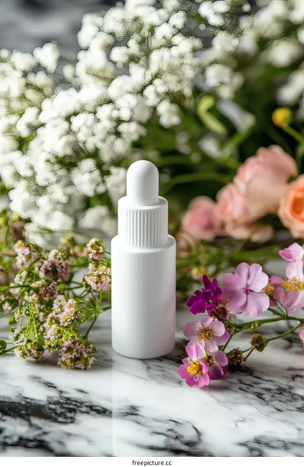 White Cosmetic Bottle Surrounded by Flowers on Marble