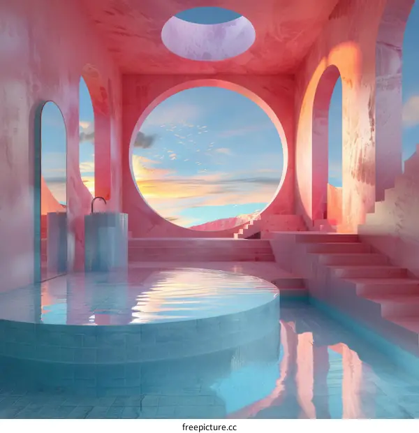 Pink Architectural Spa Interior Design Illustration