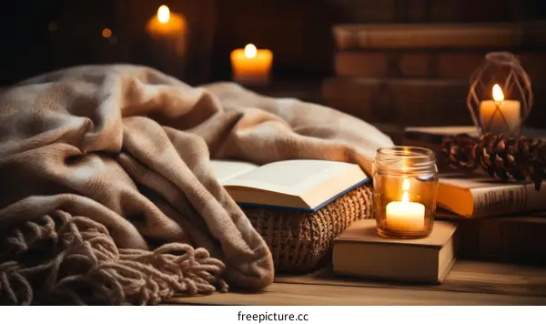 cozy home reading nook with books and candles