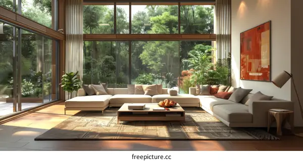 Modern living room with forest view