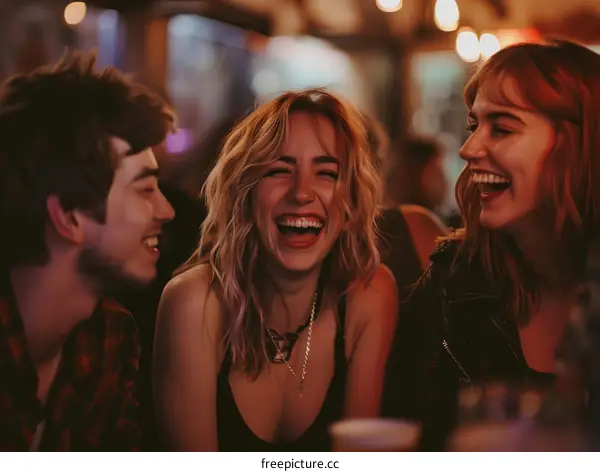 Three friends laughing together in a bar