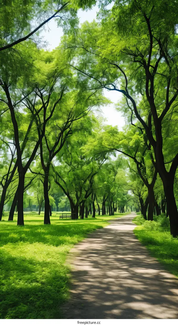 Lush Green Canopy Path in Summer Park