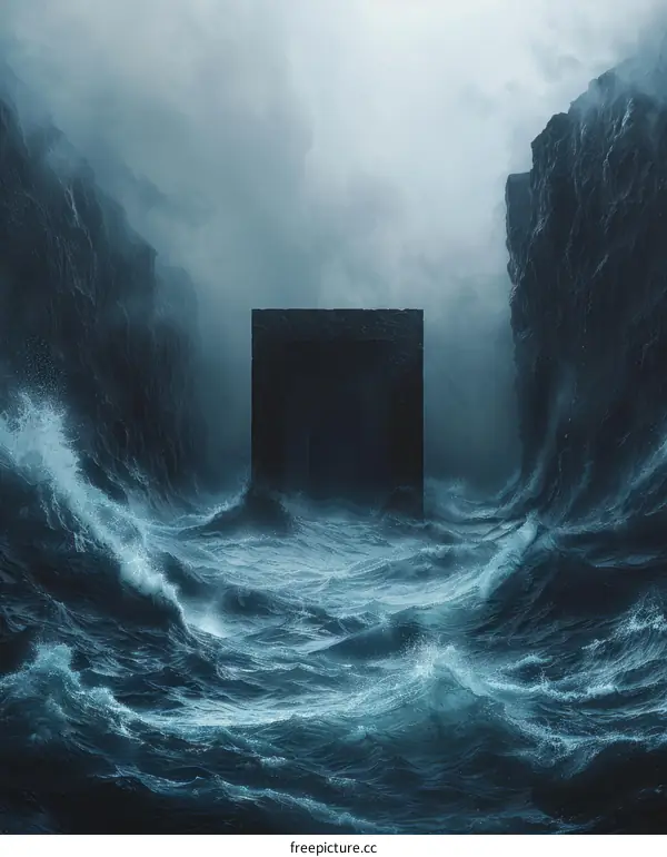 A dark rectangular portal stands in the middle of a stormy sea