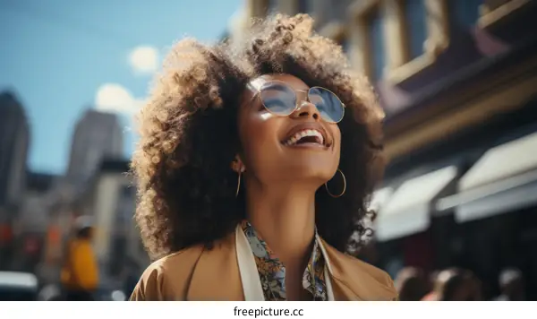Laughing woman wearing sunglasses and a brown coat