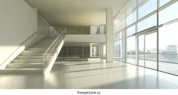 Modern White Staircase with Glass Railing in Minimalist Interior Design