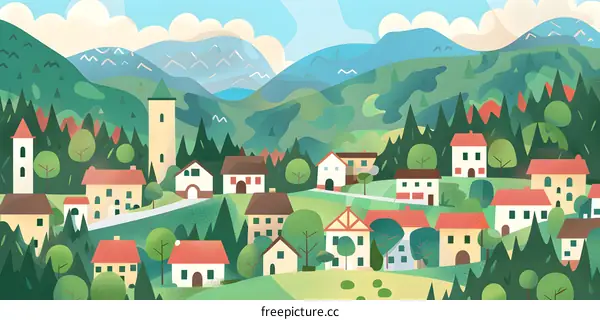 Cute Cartoon Illustration of Green Hills, Trees, and Houses