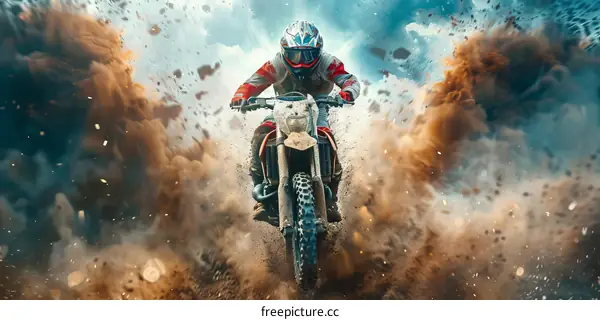 Motocross dirt bike rider jumping over a sand dune