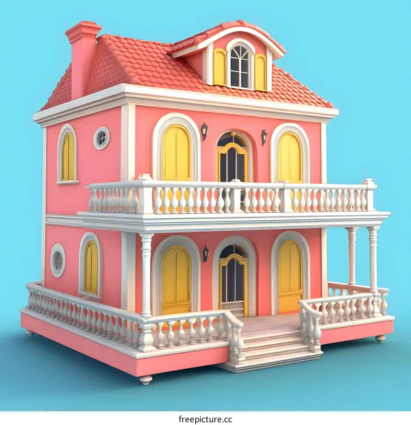 Pink House with Balconies and Yellow Windows 3D Illustration