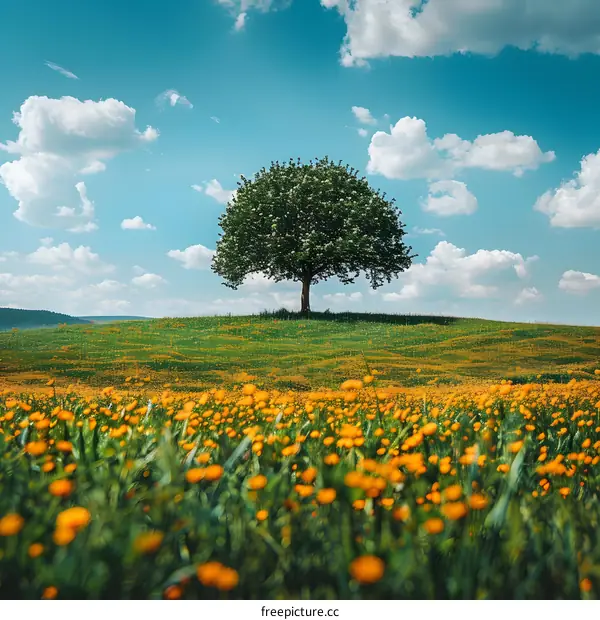 Tree in a field of yellow flowers