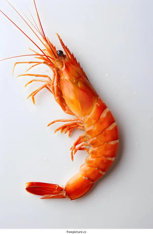 A large cooked prawn on a white background