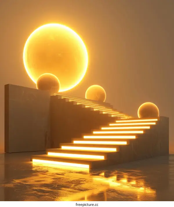 Surreal Glowing Staircase with Yellow Spheres