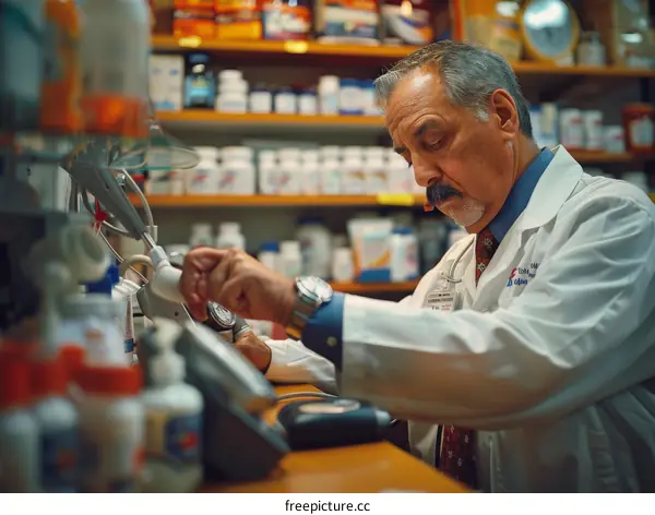 A male pharmacist is measuring someone's blood pressure in a pharmacy.