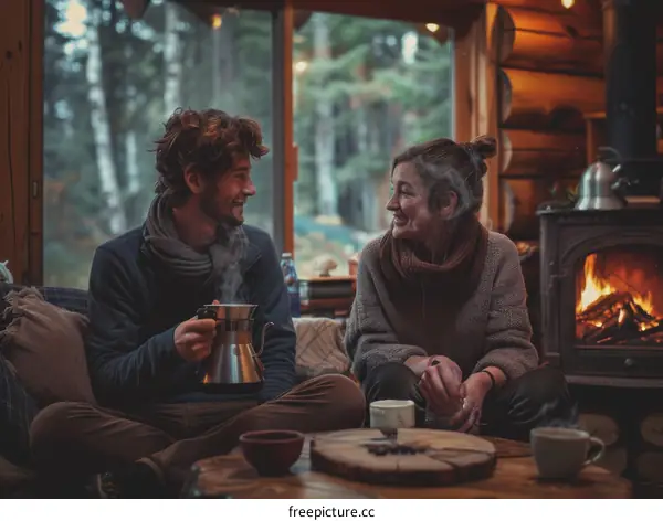 Couple sitting by the fireplace in a cozy cabin