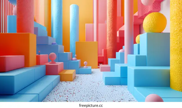 Pink and blue geometric shapes in a room with a ball pit floor