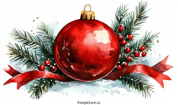 Watercolor Christmas Ornament Illustration with Fir Branches and Ribbon