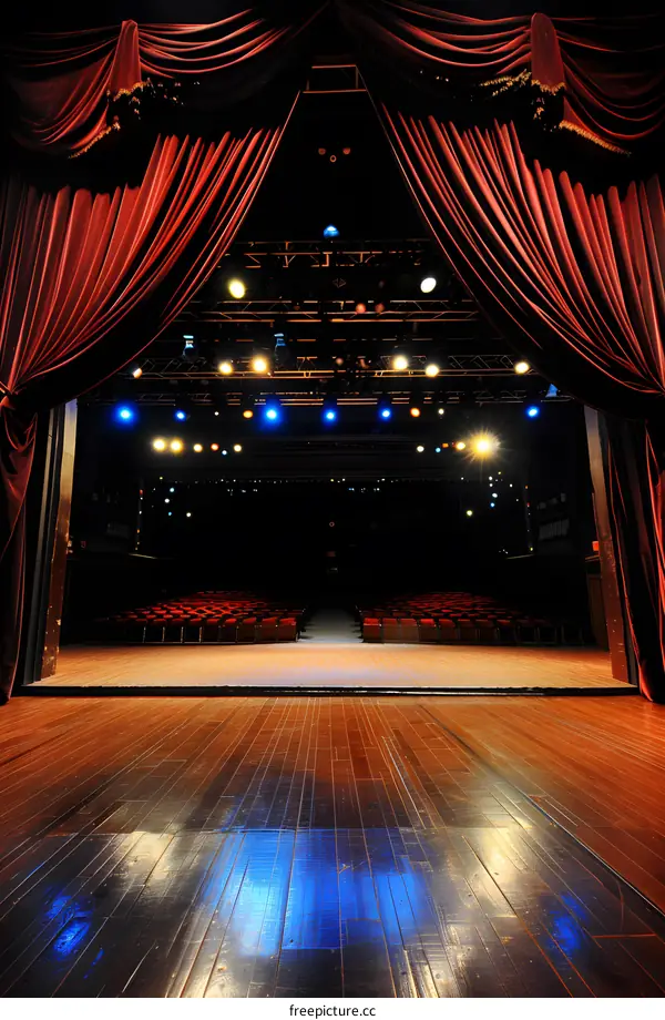 Empty Stage With Red Curtains And Wooden Floor